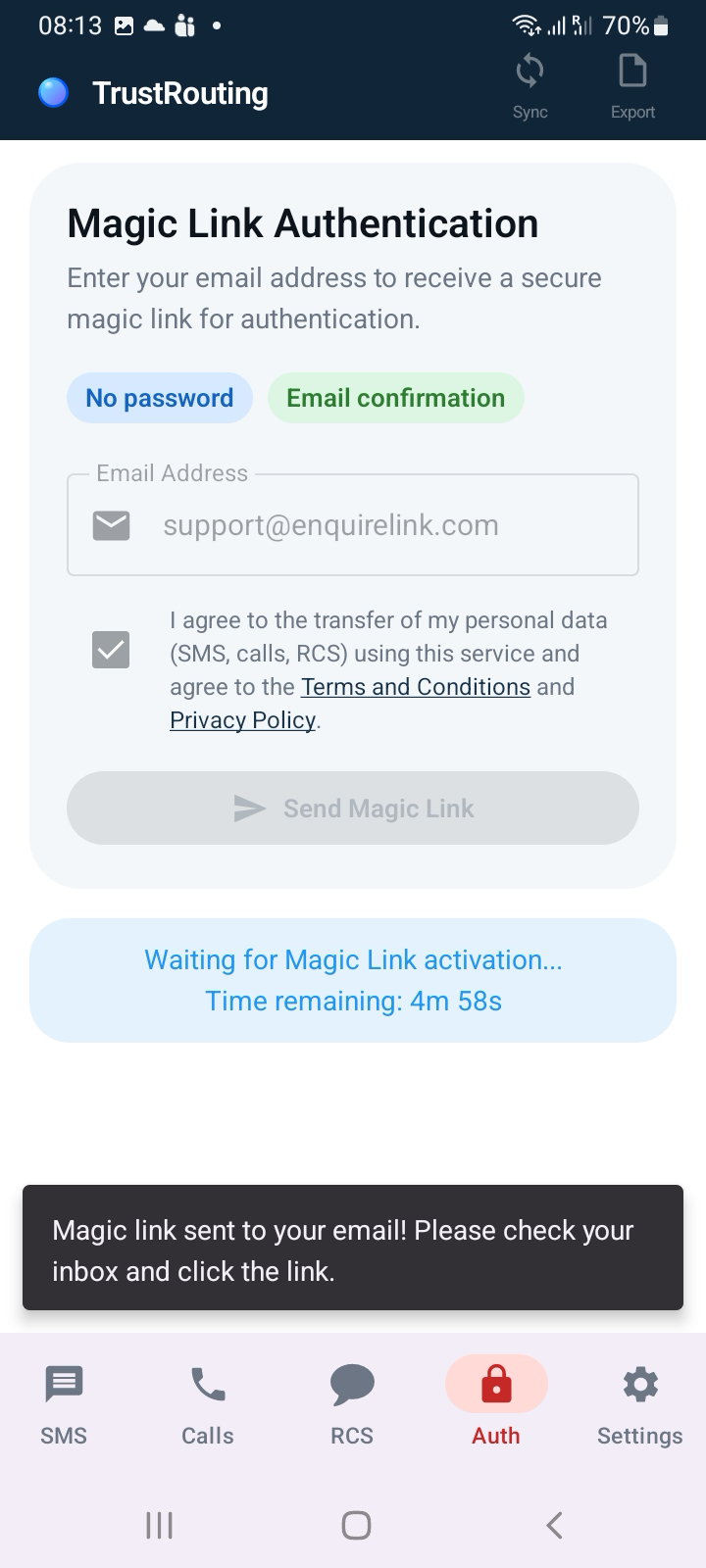 Magic Link email sent