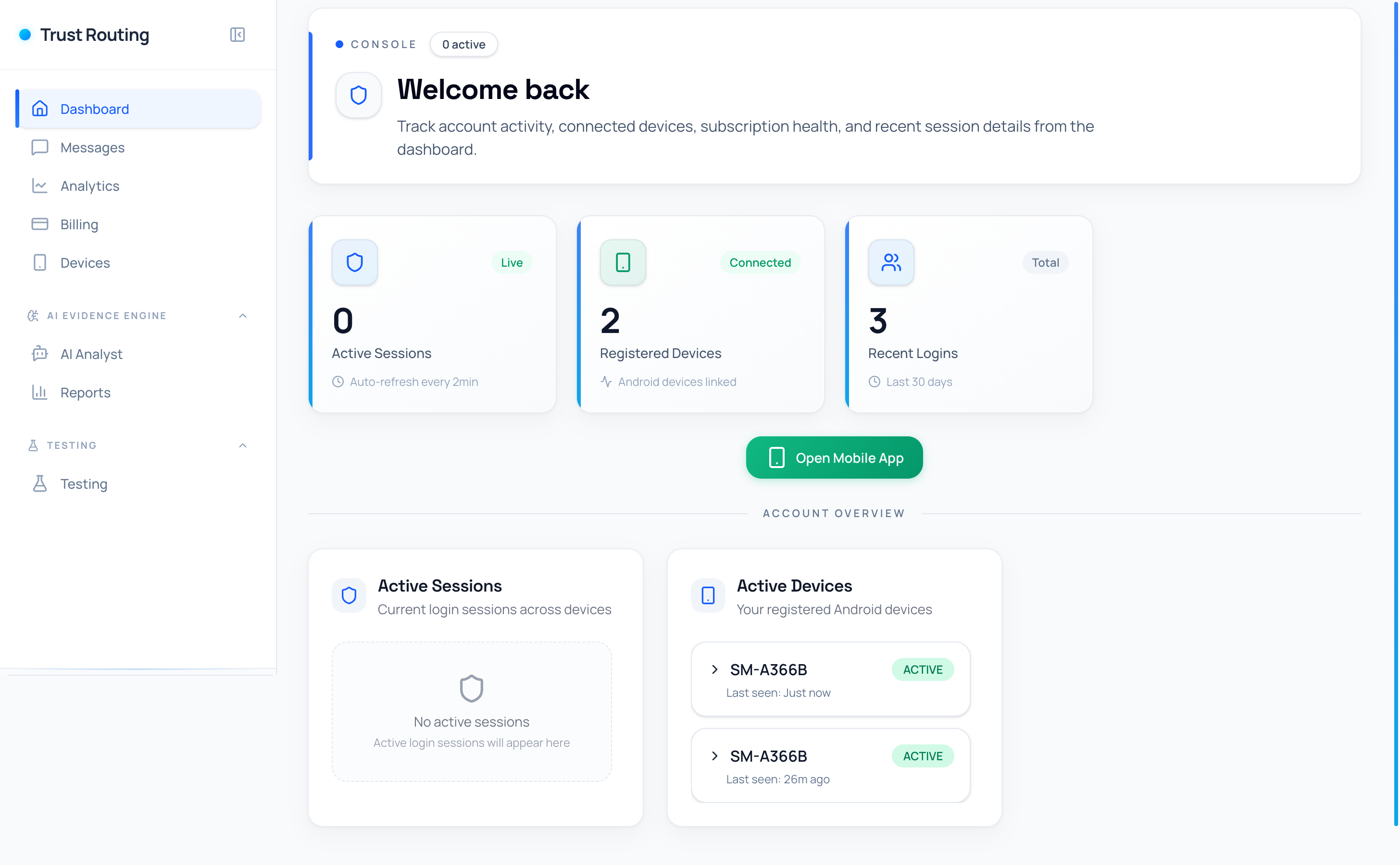 TrustRouting private workspace dashboard